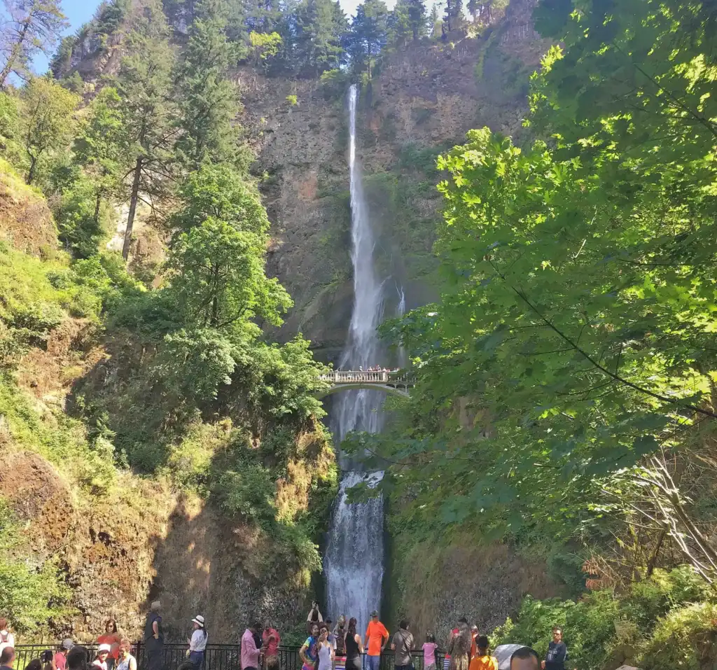 Multnomah Falls with view of the falls and the upper bridge. Part of the Columbia Gorge Waterfalls Mt. Hood Loop  Tour
